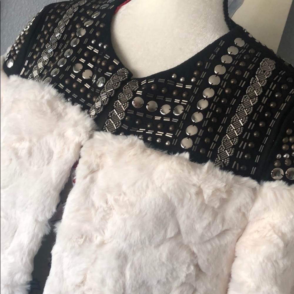 Lux Faux Fur Hand-Beaded Stud Embellished Jacket - Picture 8 of 8